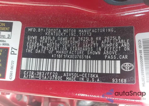 2014 Toyota Camry Se из США, поврежденный, VIN 4T1BF1FKXEU765184